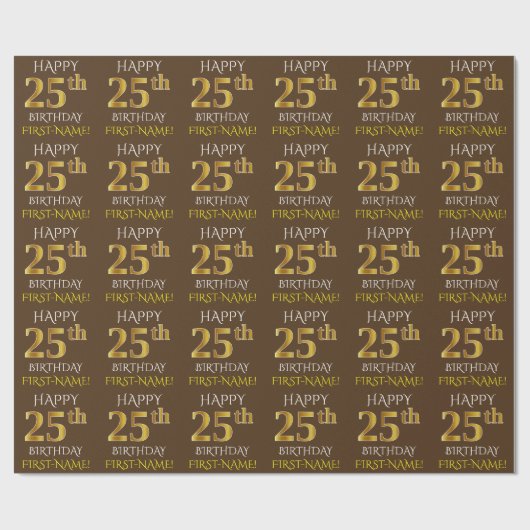 Papier Cadeau Brown, Faux Gold "HAPPY 25th BIRTHDAY" (Plat)