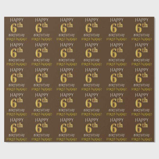 Papier Cadeau Brown, Faux Gold "HAPPY 6th BIRTHDAY" (Plat)