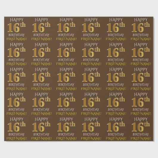 Papier Cadeau Brown, Faux Gold "HEUREUX 16ème anniversaire" (Plat)