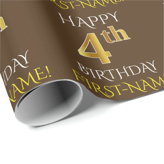 Papier Cadeau Brown, Faux Gold "HEUREUX 4ème anniversaire" (Coin rond)