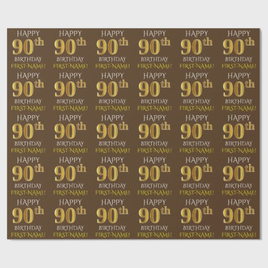 Papier Cadeau Brown, Faux Gold "HEUREUX 90e ANNIVERSAIRE" (Plat)