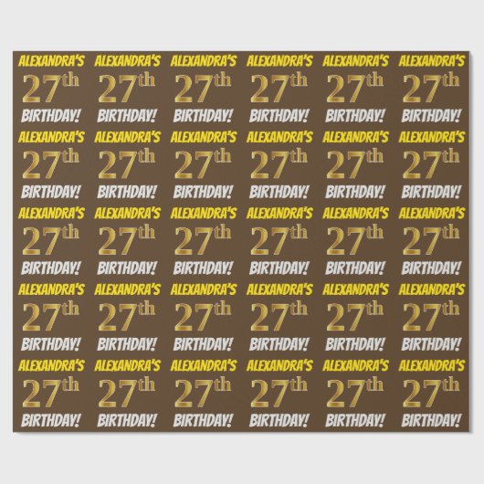 Papier Cadeau Brown, Faux/Imitation Gold, "27e ANNIVERSAIRE" (Plat)