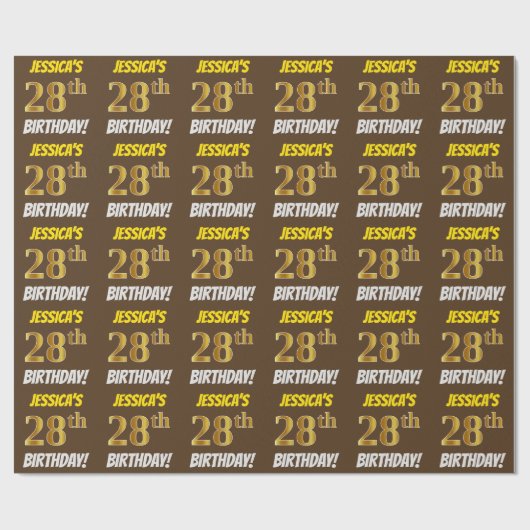 Papier Cadeau Brown, Faux/Imitation Gold, "28e ANNIVERSAIRE" (Plat)
