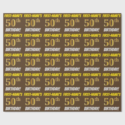 Papier Cadeau Brown, Faux/Imitation Gold, "50e ANNIVERSAIRE" (Plat)