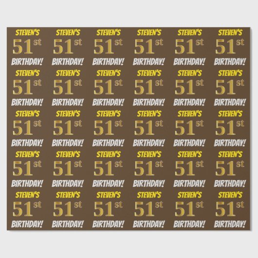 Papier Cadeau Brown, Faux/Imitation Gold, "51e ANNIVERSAIRE" (Plat)