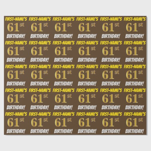 Papier Cadeau Brown, Faux/Imitation Gold, "61e ANNIVERSAIRE" (Plat)
