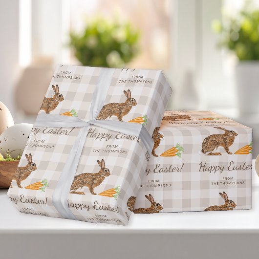 Papier Cadeau Brown Hare And Carrots Happy Easter Beige Gingham