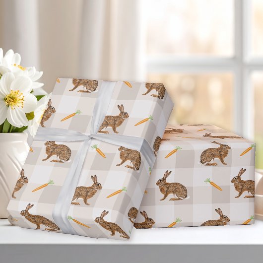 Papier Cadeau Brown Hares And Carrots Beige Gingham Spring