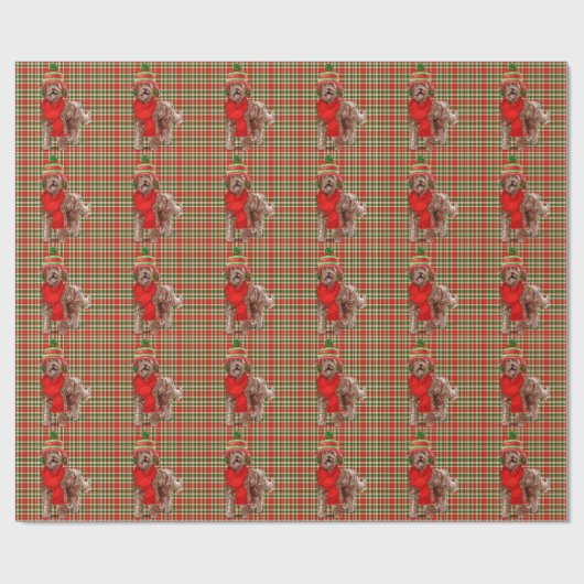 Papier Cadeau Brown Labradoodle Chien Rouge Vert Plaid Noël Wr (Plat)