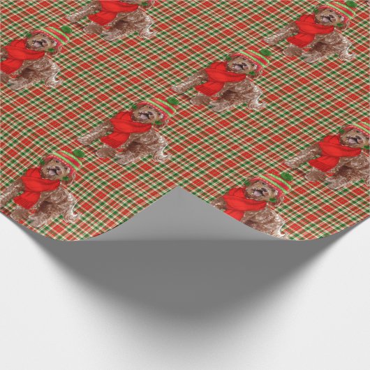 Papier Cadeau Brown Labradoodle Chien Rouge Vert Plaid Noël Wr (Coin)