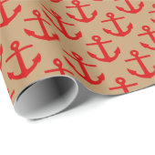 Papier Cadeau Brun Camel, Motif Ancres Rouges (Coin rond)