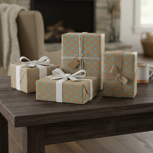 Papier Cadeau Brun Kraft Faux Rustique avec Points Bleu Vert Tea
