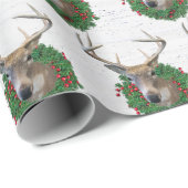 Papier Cadeau Buck Deer Dans La Couronne De Noël Sur Le Bois (Coin rond)