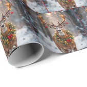 Papier Cadeau Buck In Snowflakes Wearing a Holiday Wreath (Coin rond)