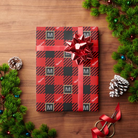 Papier Cadeau Buffalo Check Monogramme & Nom Noir Rouge Blanc (Cadeau de vacances)