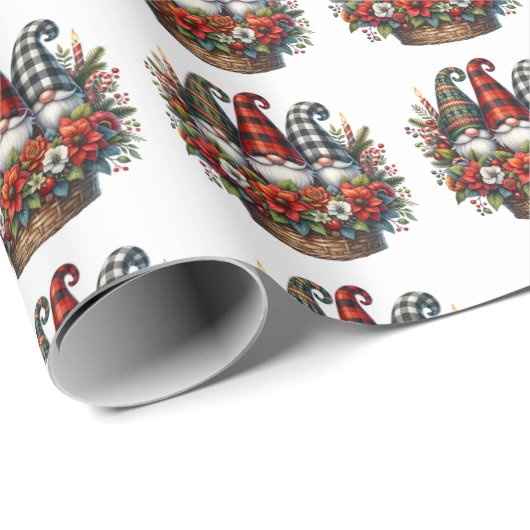 Papier Cadeau Buffalo Plaid Gnomes de Noël (Coin rond)