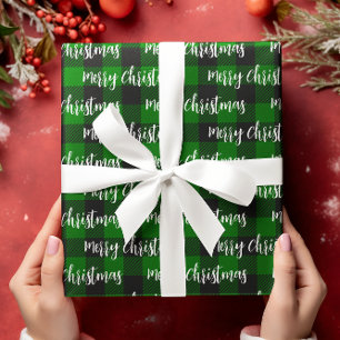 Papier Cadeau Buffalo Plaid Green Joyeux Texte de Noël