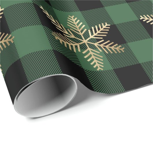Papier Cadeau Buffalo Plaid Lomberjack Gold Snowflake Green Rust (Coin rond)