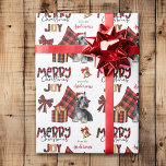 Papier Cadeau Buffalo Plaid Scottish Terrier Dog Christmas<br><div class="desc">Le motif répété sur ce joli papier d'emballage de Noël est l'image d'un chien écossais Terrier portant un casquette du Père Noël rouge et blanc. Il y a derrière lui un coussin en plaid de buffle noir et rouge, et un paquet cadeau coordonné avec un ruban d'or à côté de...</div>