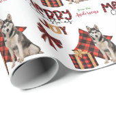 Papier Cadeau Buffalo Plaid Sibérien Husky Chien Noël (Coin rond)