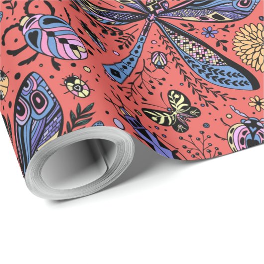 Papier Cadeau Bugs de Doodle sur corail rouge (Coin rond)