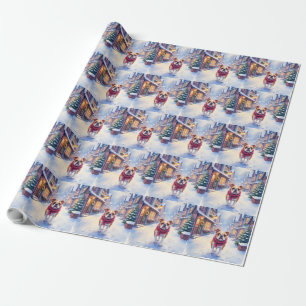Papier Cadeau Bulldog anglais Noël enneigé Village Fêtes