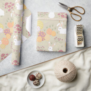 Papier Cadeau Bunnies de Pâques, Oeufs et Fleurs Couleurs pastel