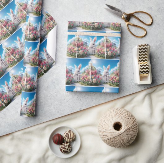 Papier Cadeau Bunny blanc dans un jardin de printemps (Artisanat)