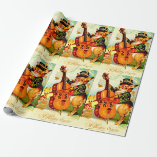 Papier Cadeau Bunny vintage Jouer avec Violon Salutation de Pâqu