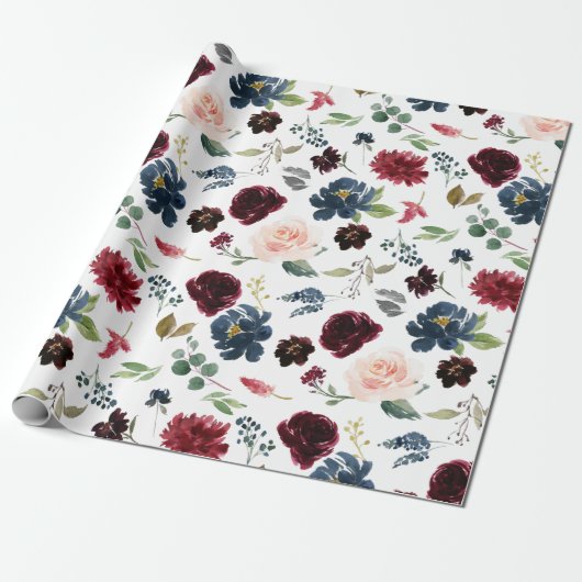 Papier Cadeau Burgundy Aquarelle Rouge Marine Floral Boho Mariag (Déroulé)