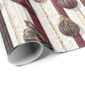 Papier Cadeau Burgundy Cream Ornaments Stripes Christmas (Coin rond)