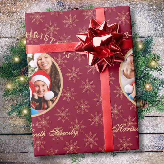 Papier Cadeau Burgundy Forêt propre Flèches de neige en or Noël