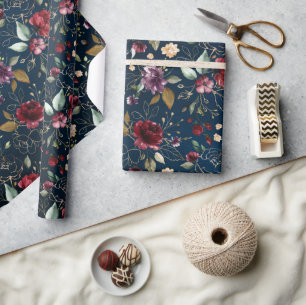 Papier Cadeau Burgundy Navy Blue Blush Floral mariage
