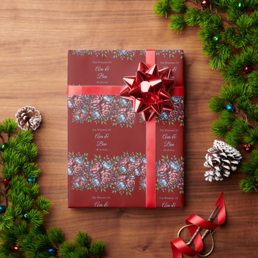 Papier Cadeau Burgundy Peony et Blue Rose Mariage (Cadeau de vacances)