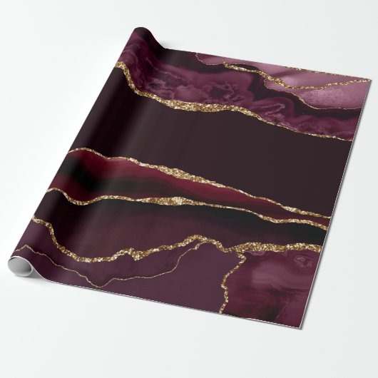 Papier Cadeau Burgundy Red Agate Faux Gold Parties scintillant (Déroulé)