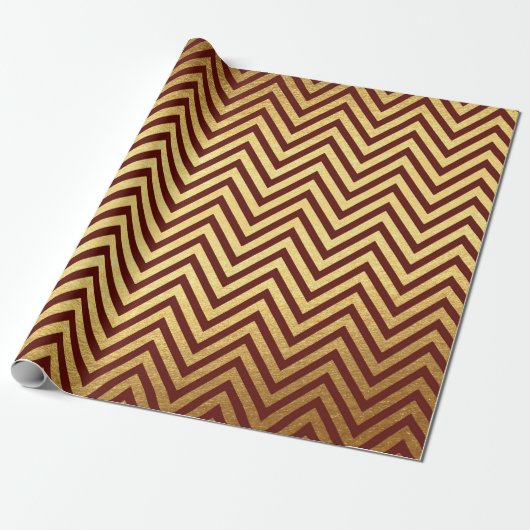 Papier Cadeau Burgundy Red Gold Stripes Lines Zig Zag Chevron (Déroulé)