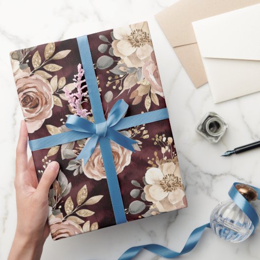 Papier Cadeau Burgundy Rouge Blush Floral Mariage (Cadeaux)