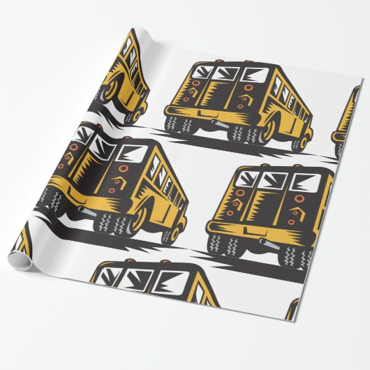 Papier Cadeau Bus scolaire Retro Vintage Jaune (Déroulé)
