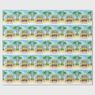 Papier Cadeau Bus scolaire tropical Noël avec le Père Noël
