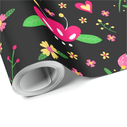 Papier Cadeau Busy Floral Pattern on Black (Coin rond)