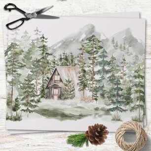 Papier Cadeau Cabane aquarelle dans la forêt de pins verts boisé