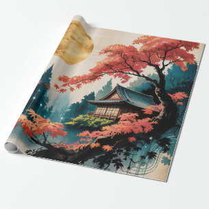 Papier Cadeau Cabane au Clair de Lune, Art de la Forêt Japonaise