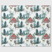 Papier Cadeau Cabine dans les bois avec cerfs et arbres enneigés (Plat)