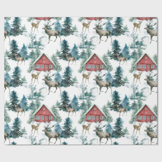Papier Cadeau Cabine dans les bois avec cerfs et arbres enneigés (Plat)