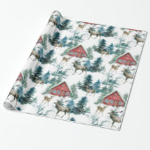 Papier Cadeau Cabine dans les bois avec cerfs et arbres enneigés (Déroulé)