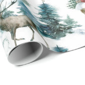 Papier Cadeau Cabine dans les bois avec cerfs et arbres enneigés (Coin rond)