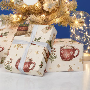 Papier Cadeau Cacao Chaud Aquarelle Noël Livres Houx Noël