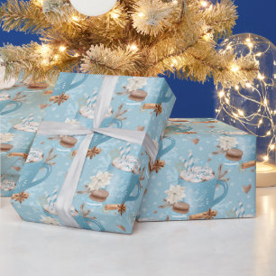 Papier Cadeau Cacao Chaud et Motif Macaron Hiver Bleu