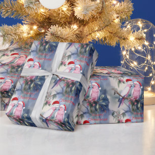 Papier Cadeau Cacatoès roses Chapeau de Père Noël Joyeux Noël