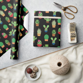 Papier Cadeau Cactus bébé vert sur Arrière - plan noir